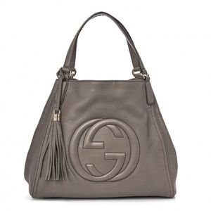 Gucci Pebbled Calfskin Medium Soho Shoulder Tote Hand Bag Taupe